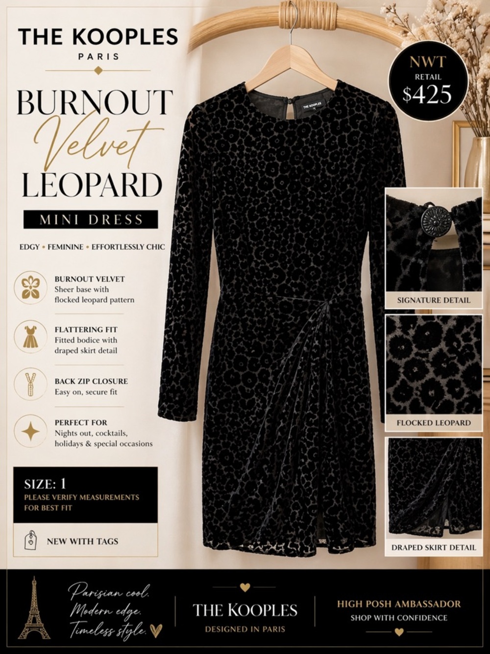 The Kooples Burnout Velvet Leopard Mini Dress Black Draped FR1 S Paris NWT $425